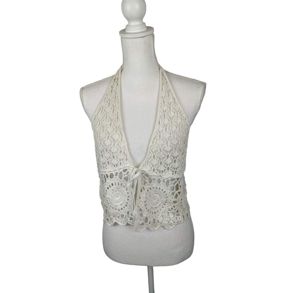 Hollister Ivory Crochet Babydoll Halter Top Size M Boho Festival Tie Front